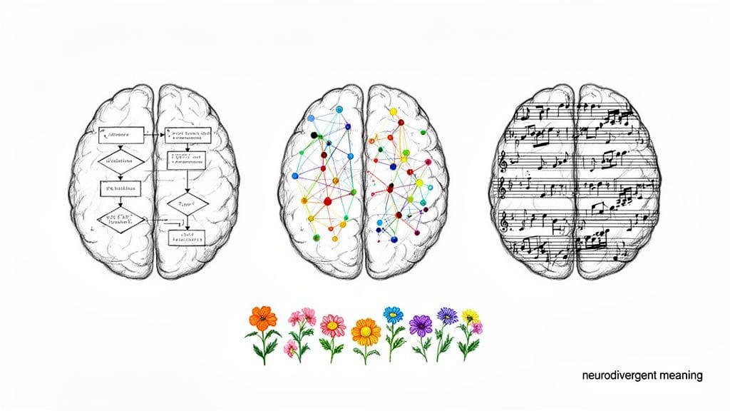 Three illustrated brain diagrams representing different thinking styles - logic, neural networks, and music - with colorful flowers blooming below, symbolizing the diversity of neurodivergent minds