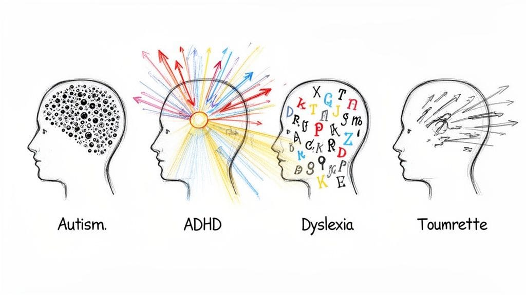 Four illustrated brain diagrams showing characteristics of Autism, ADHD, Dyslexia, and Tourette's, each with unique visual representations of their cognitive patterns