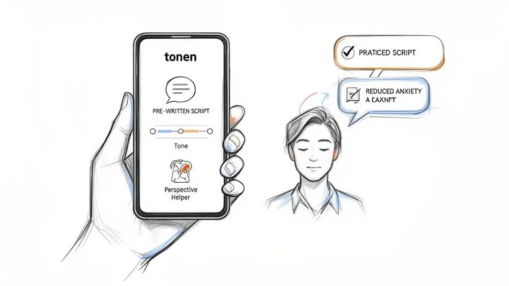 A smartphone displaying the tonen app interface showing conversation scripts and practice features to help reduce social anxiety and improve communication