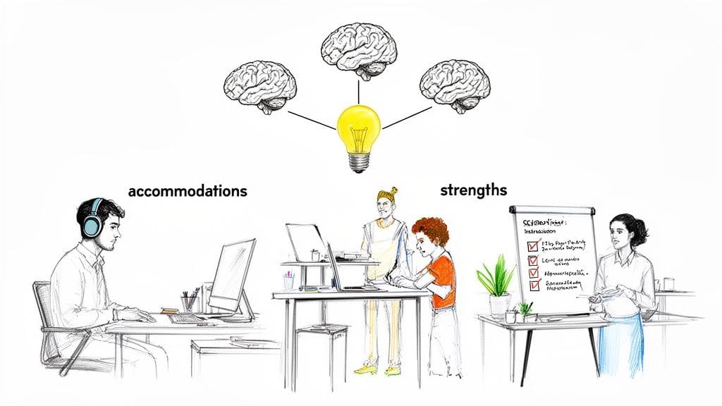 An illustration showing diverse brain icons connected to a lightbulb, representing neurodiversity in the workplace with accommodations and unique strengths highlighted