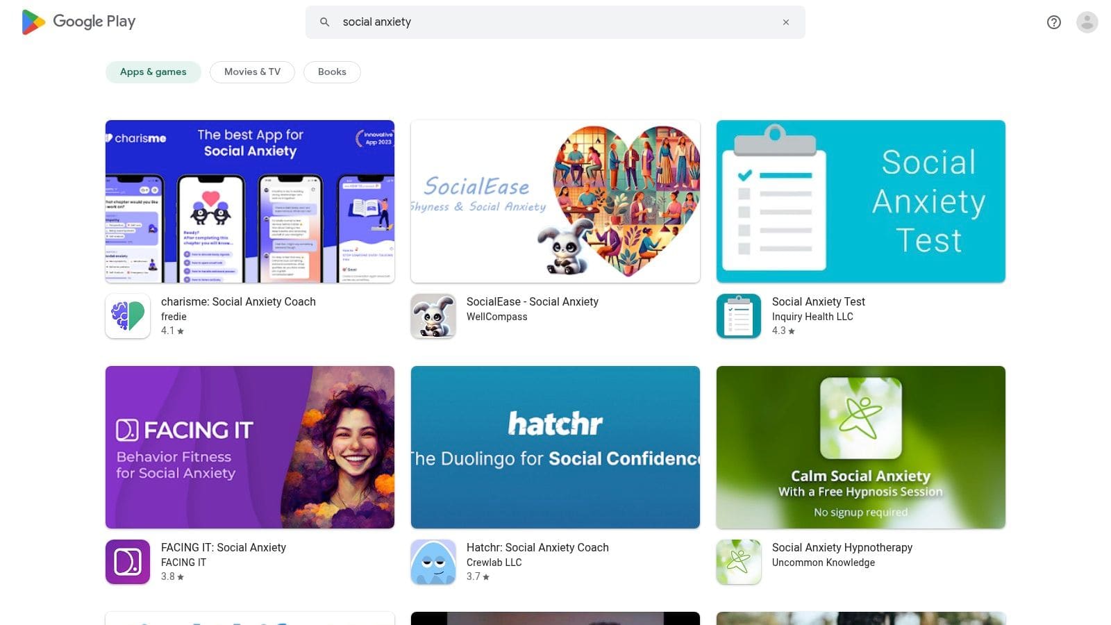 Google Play Store search results showing various social anxiety apps with ratings and download counts
