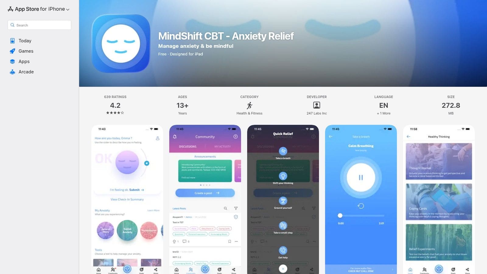 MindShift CBT app interface showing anxiety management tools and CBT exercises