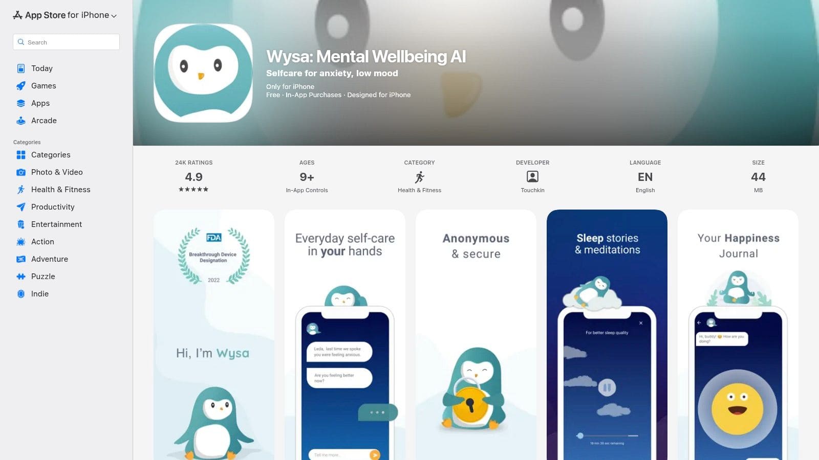 The Wysa app showing its AI penguin chat interface and mental health support tools