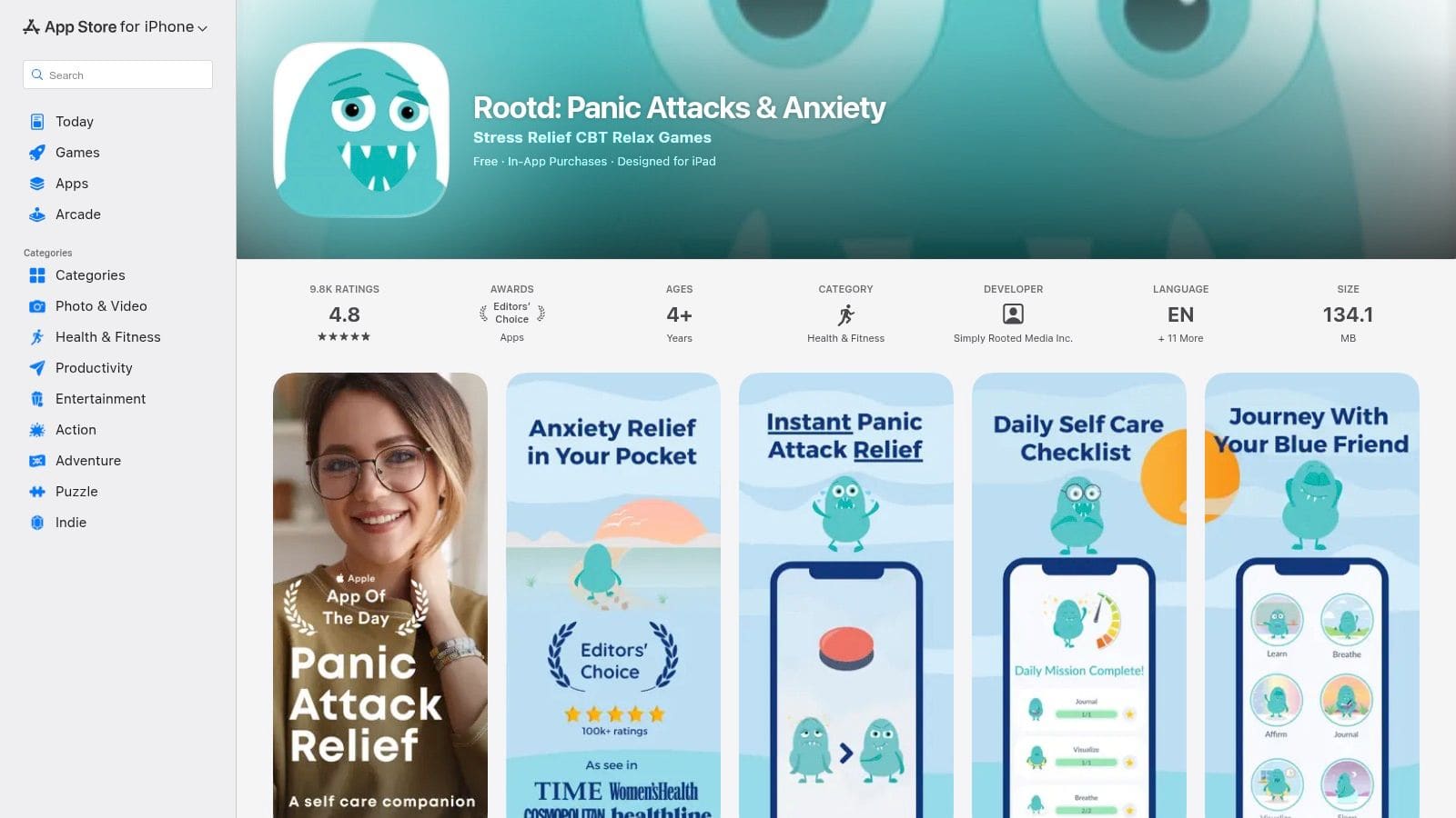 The Rootd app interface showing panic relief tools and SOS button for immediate anxiety support