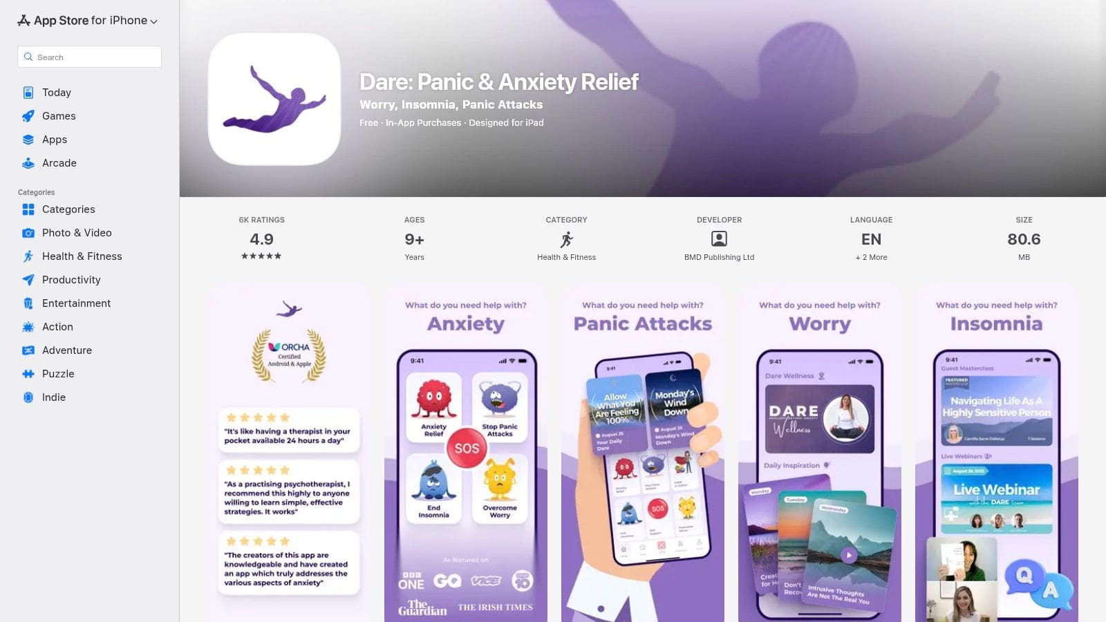 DARE app interface showing audio-guided anxiety relief programs and exposure challenges