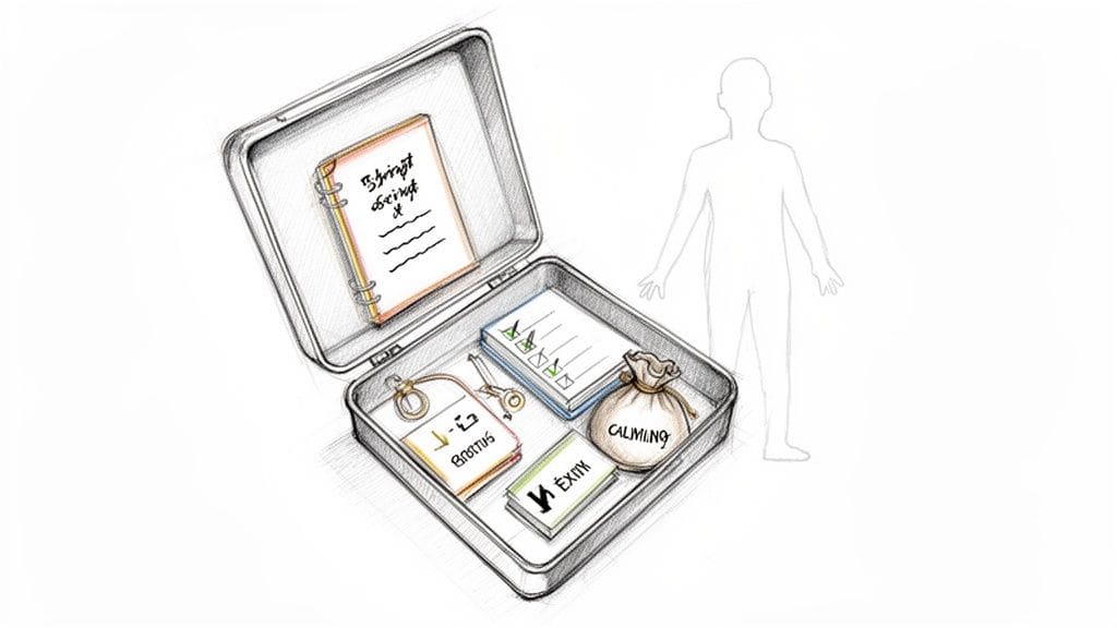 A sketch of an open mental health toolkit containing items for calming, breathing, success tracking, and journaling, beside a human silhouette
