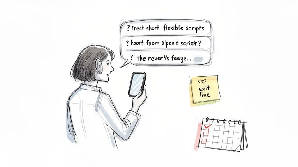 Sketch of a woman wearing a headset and holding a phone, with speech bubbles, a sticky note, and a calendar showing planning and preparation