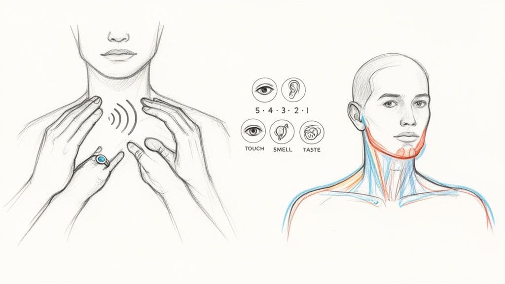 Drawing showing sensory awareness icons, a person touching their throat, and anatomical stress points for grounding techniques