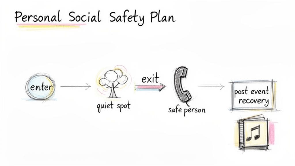 A personal social safety plan flowchart illustrating steps: enter event, find quiet spot, identify exit, connect with safe person, and post-event recovery