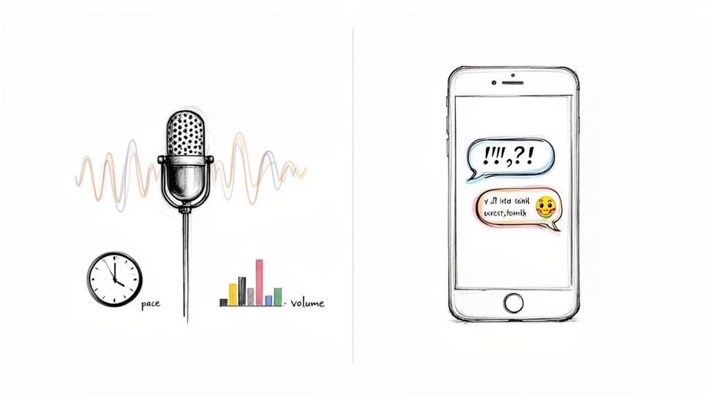 A microphone and speech analysis elements including pace and volume, alongside a smartphone displaying text messages with punctuation and an emoji