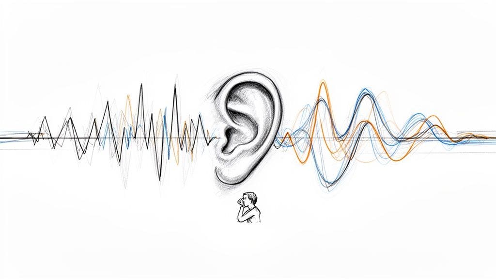 A sketch of an ear with various sound waves on either side, symbolizing hearing and sound perception, with a person listening below