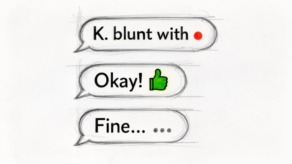 Three chat bubbles show different tones: 'K. blunt with recording', 'Okay! Thumbs up', and 'Fine...'