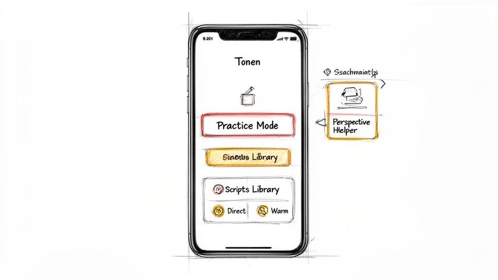 Hand-drawn sketch of a mobile app interface titled 'Tonen' with 'Practice Mode' and 'Scripts Library' buttons