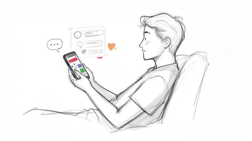A sketch of a person sitting and interacting with a smartphone, showing app interfaces and notifications