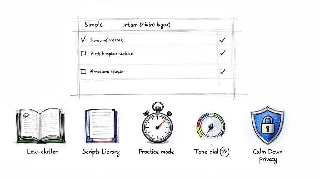 Hand-drawn sketch of a checklist and five app feature icons: low-clutter, scripts, practice, tone dial, and privacy