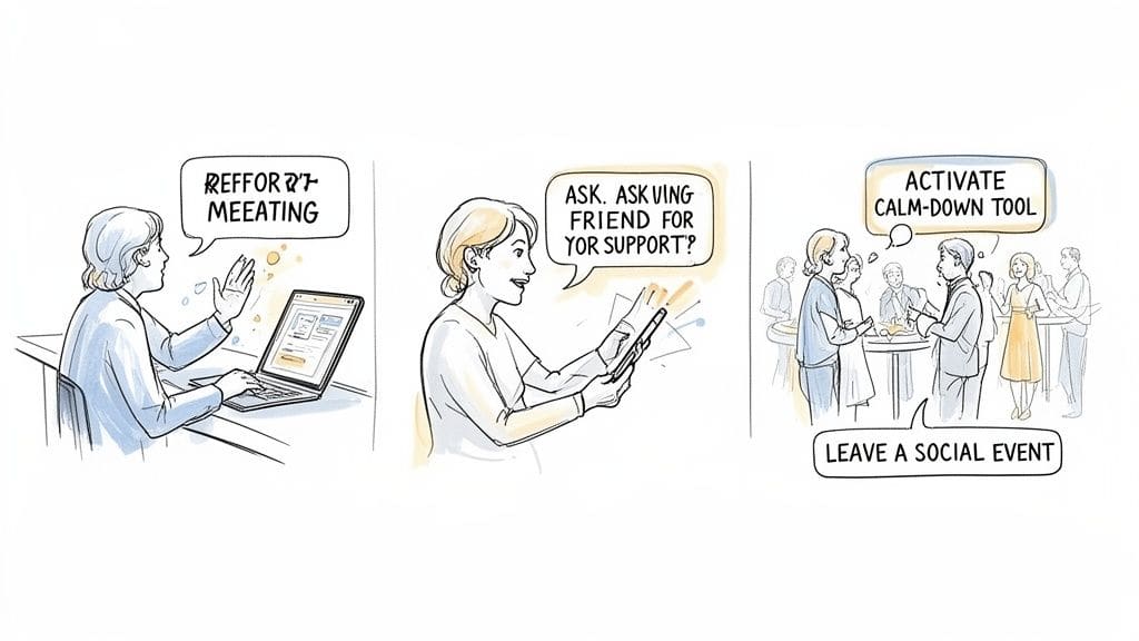 Cartoon illustration showing three social coping strategies: rescheduling a meeting, asking for support, and activating a calm-down tool or leaving a social event