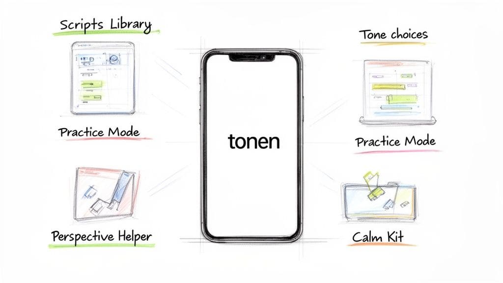 A diagram of the Tonen smartphone app and its features: Scripts Library, Practice Mode, Tone choices, Perspective Helper, and Calm Kit