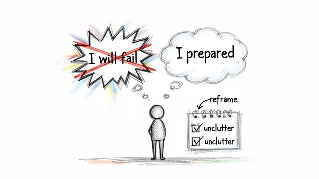 Illustration of a person reframing negative 'I will fail' thoughts into positive 'I prepared' thoughts