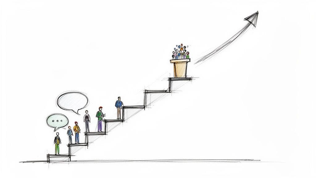 Hand-drawn image of people climbing steps, communicating, towards a podium and an upward trend arrow