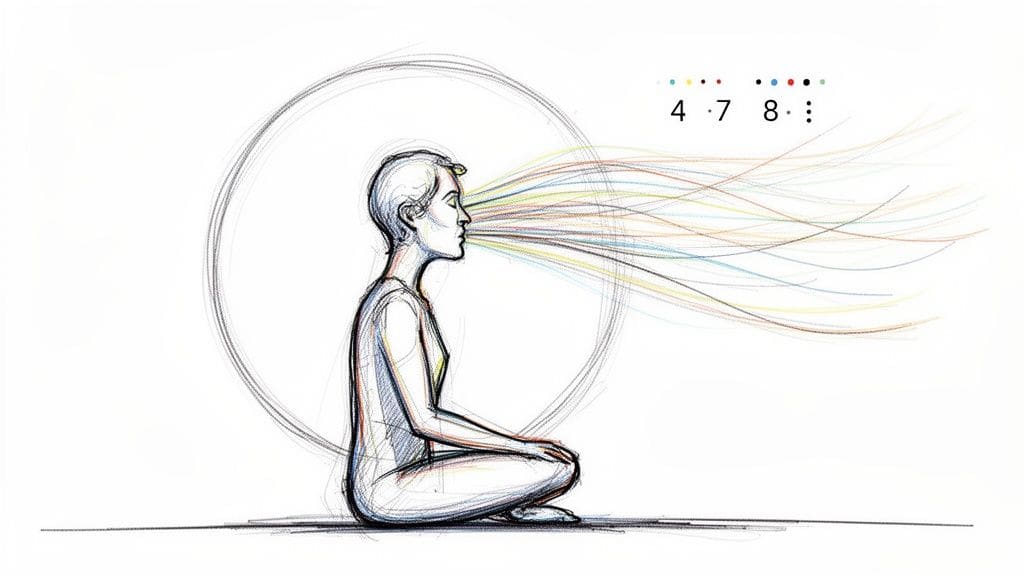 A person meditating in lotus position, with colorful lines representing breath and numbers 4-7-8