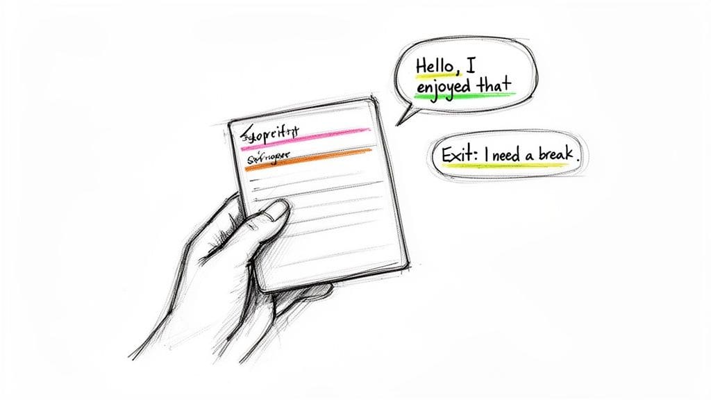 A hand holds a small card with writing, while two speech bubbles convey feedback and a break request