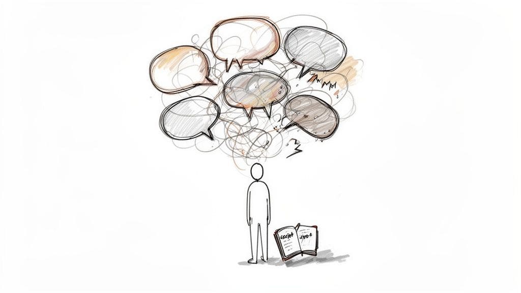 A stick figure person stands with a cluttered thought cloud of speech bubbles and scribbles above, next to an open book