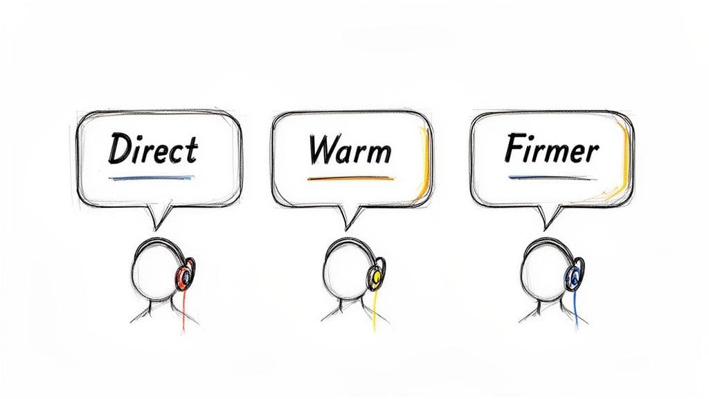 Three figures with headphones depicting sound profiles: Direct, Warm, and Firmer