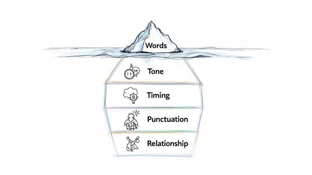 Iceberg diagram showing visible words and hidden communication elements like tone, timing, punctuation, and relationship