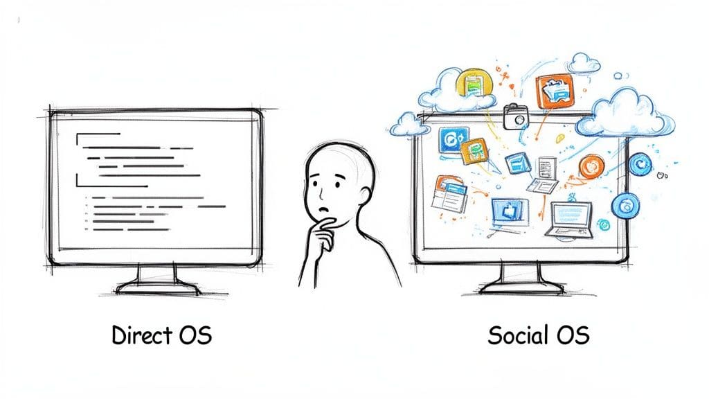 Illustration comparing Direct OS (code-based) and Social OS (cloud-based applications) with a person contemplating