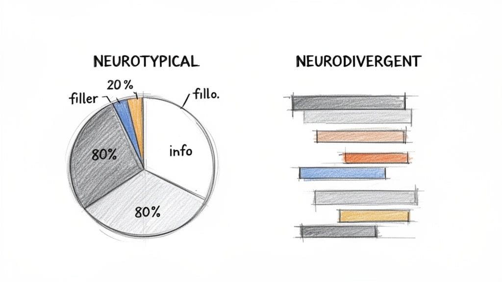A diagram comparing neurotypical communication (pie chart with info/filler) and neurodivergent communication (segmented bar chart)