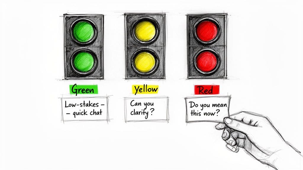 Three traffic lights (green, yellow, red) illustrate communication urgency: quick chat, clarify, or urgent now