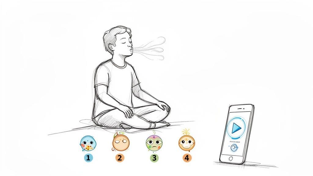 A person practices deep breathing meditation with closed eyes, accompanied by an emotion tracking app and character icons