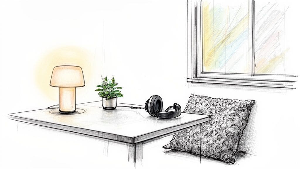 Artistic rendering of a cozy workspace with a table lamp, plant, headphones, and a textured pillow