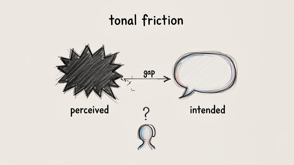 Diagram illustrating tonal friction, showing the gap between perceived impact and intended message