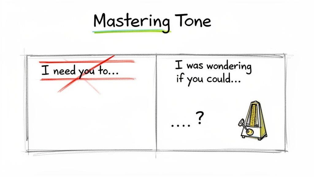 An illustration comparing 'I need you to...' (crossed out) with 'I was wondering if you could...' to master tone