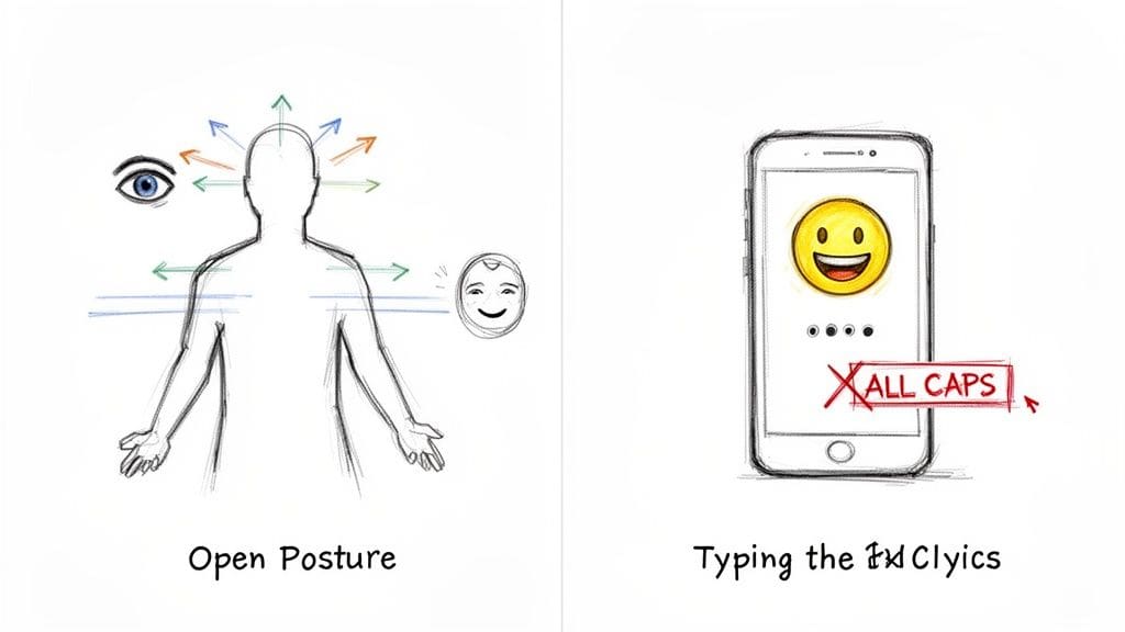 Illustration showing open posture and a smartphone with 'ALL CAPS' crossed out, representing polite communication