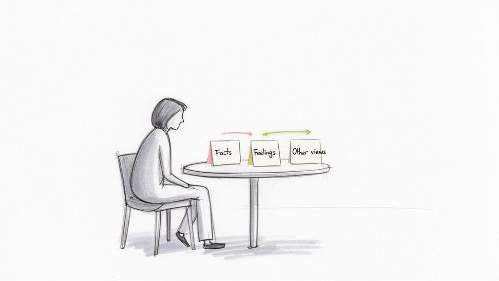 A person sits at a table contemplating three cards labeled 'Facts', 'Feelings', and 'Other views'