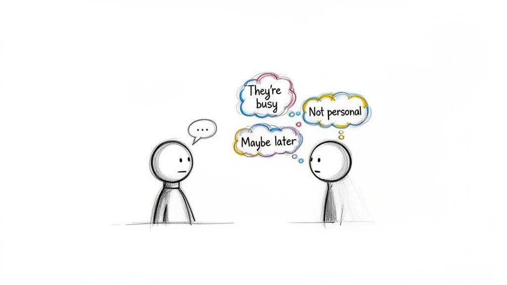 Two stick figures, one speaking, the other thinking 'They're busy,' 'Not personal,' 'Maybe later'