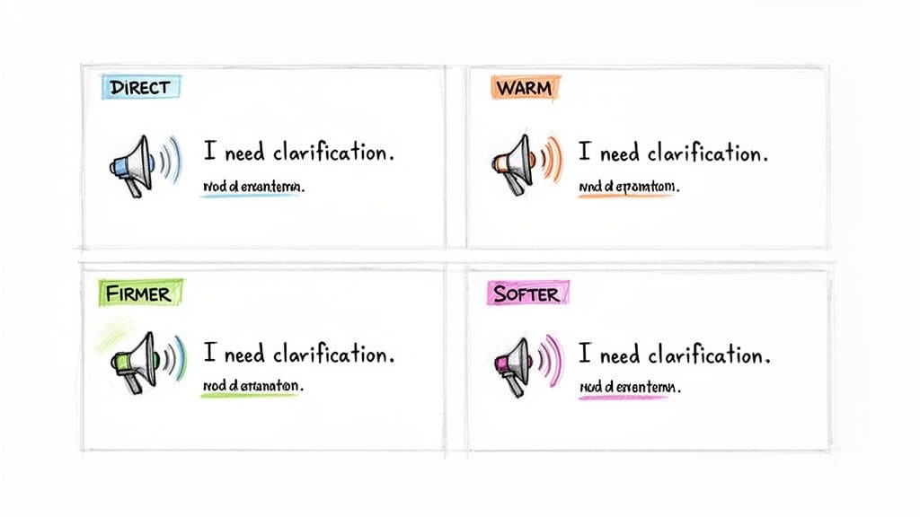 Four distinct cards illustrating different communication tones for 'I need clarification,' including direct, warm, firmer, and softer approaches