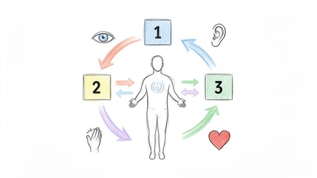 Diagram of human perception cycle: person in center, three numbered boxes linked to eye, ear, hand, heart