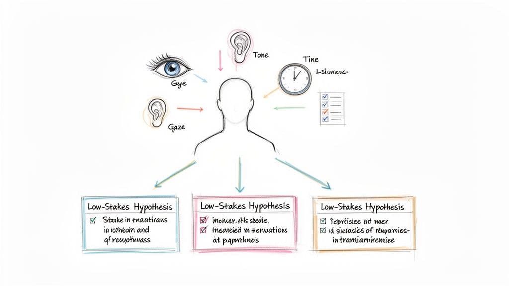 Diagram showing a person influenced by eye, gaze, tone, time, and checklists, leading to three 'Low-Stakes Hypotheses' representing a cognitive model for interpreting social situations.