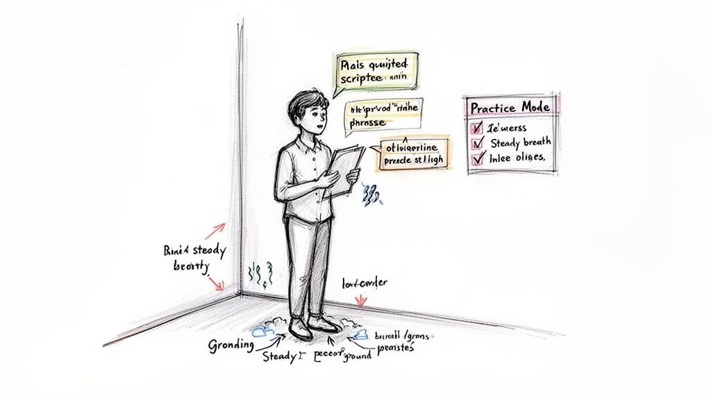 A person practices public speaking, holding notes, with visual cues for grounding and steady breath representing rehearsal for interpreting social situations.