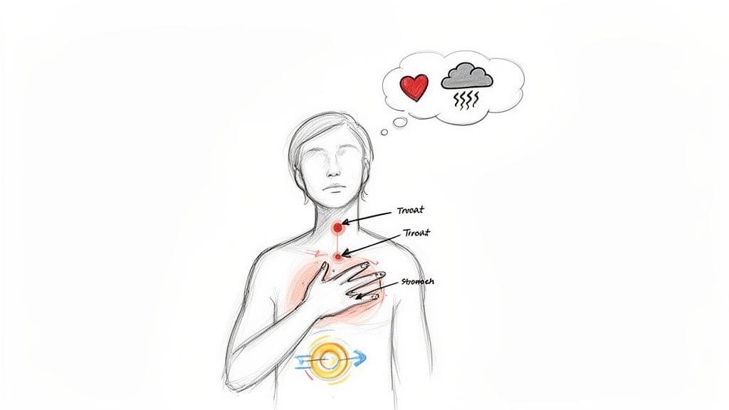 Sketch of a person experiencing throat and stomach discomfort, representing the physical sensations of emotional stress when trying to express feelings.