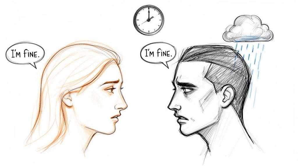 Two individuals saying 'I'm fine' but looking deeply sad, with a clock and symbolic rain cloud, illustrating how tone and timing affect emotional expression.