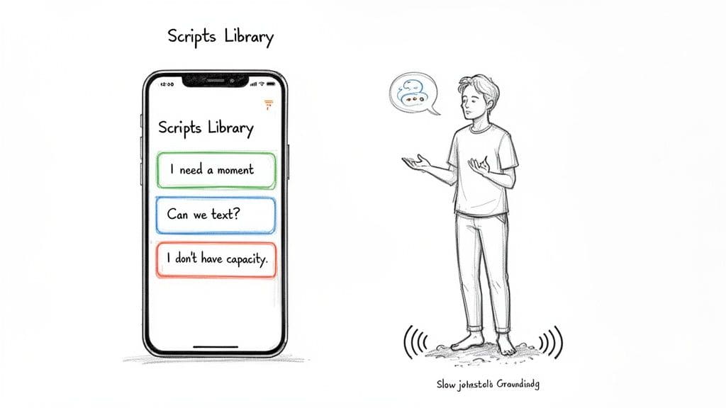 A smartphone displays a 'Scripts Library' app with phrases like 'I need a moment', while a person practices grounding techniques, representing coping strategies for expressing feelings.