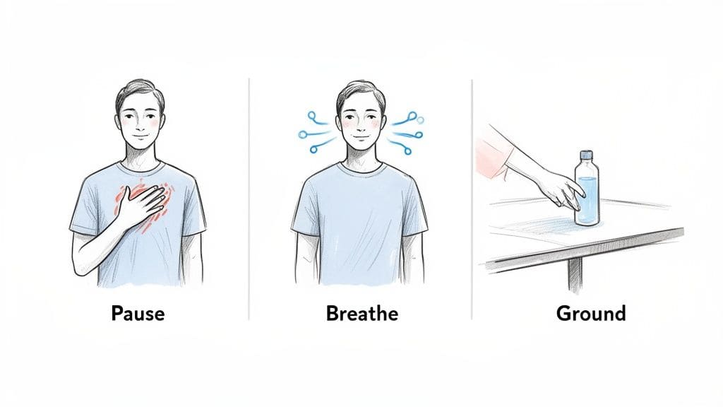 Illustrations showing three steps for coping with overwhelm: a person pausing, breathing deeply, and grounding with a water bottle to reset their nervous system.
