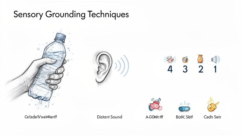 An illustration showcasing different sensory grounding techniques including touch, sound, and a numbered mindfulness exercise to anchor yourself in the present moment.
