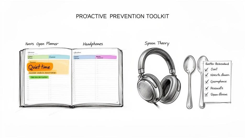 An illustrated proactive prevention toolkit featuring a planner, headphones, and a Spoon Theory checklist for managing energy and well-being to prevent overwhelm.