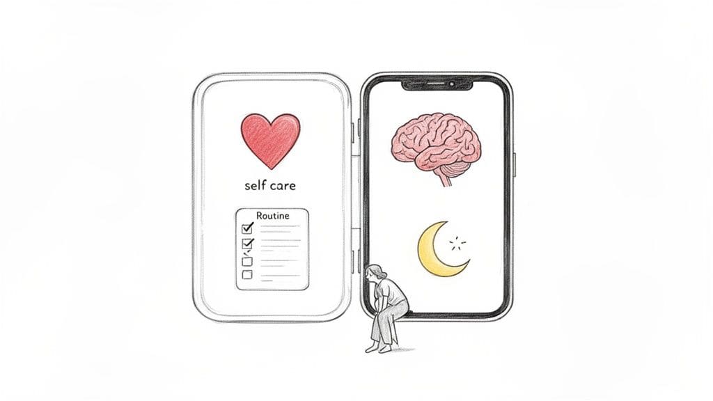 Illustration of a self-care app with a heart icon, routine checklist, brain symbol, and moon icon, with a person sitting peacefully, representing comprehensive digital wellness support.
