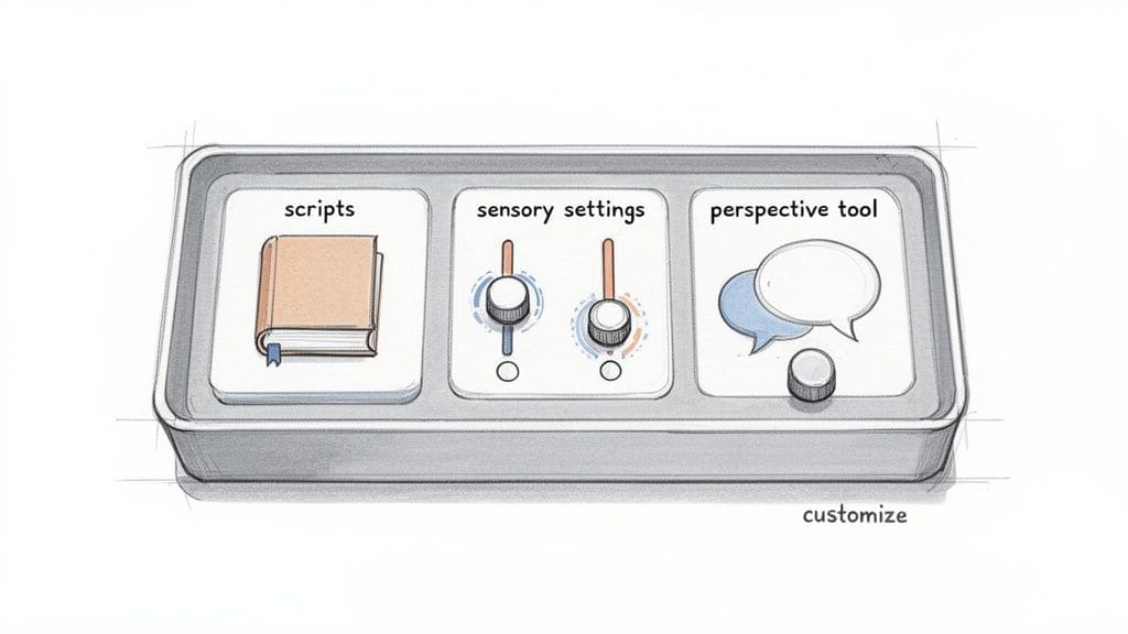 A hand-drawn illustration of a modular control panel with tools for conversation scripts, sensory settings, and perspective-taking, representing neurodivergent-friendly app design.